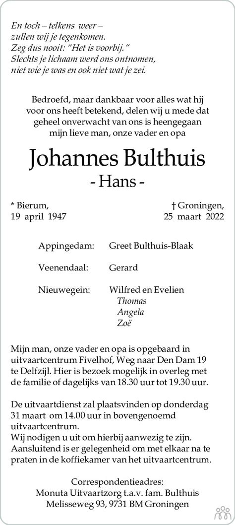 Johannes Hans Bulthuis 25 03 2022 Overlijdensbericht En Condoleances