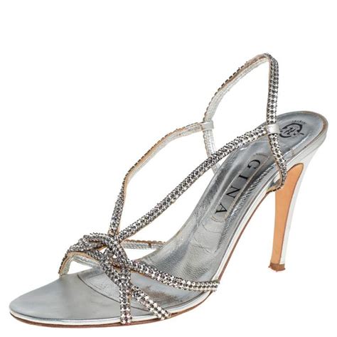 Gina Metallic Silver Leather Crystal Embellished Slingback Sandals Size 41 Gina The Luxury Closet