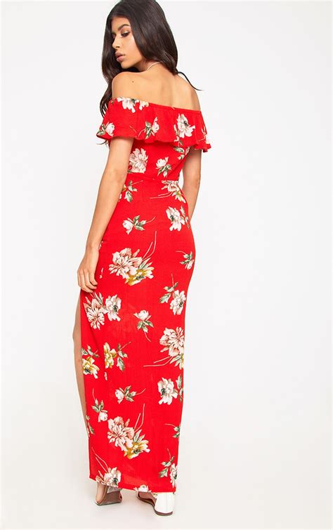 Red Floral Bardot Maxi Dress Prettylittlething Ca
