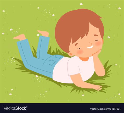 Smiling Boy Lying Down On Green Lawn On His Vector Image