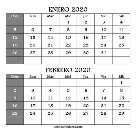 Calendario Enero Febrero 2020 Para Colorear Calendario De Dos Meses