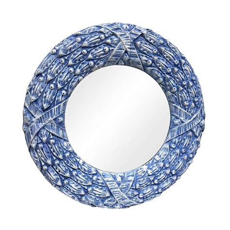 They framed a bathroom mirror with rustic wood boards! Antique 40 in. Round Blue Floral Zinc Mirror | Olde Good ...