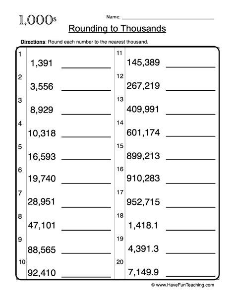 Worksheet With Numbers In The Thousands Place