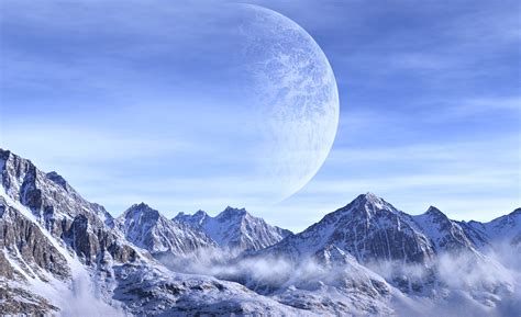 Planets Mountains Snow White Sky Space Clouds Imagination