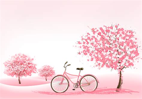 Pink Tree With Bike Spring Background Vector 01 Free Download