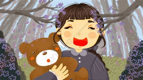 Original Illustration Of A Little Girl Holding Teddy Bear