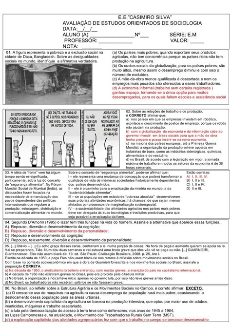 Atividades De Sociologia 2 Ano Ensino Medio Com Gabarito