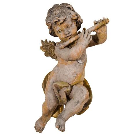 Antique Carved Wood Musical Putto Or Cherub Sculpture Cherub