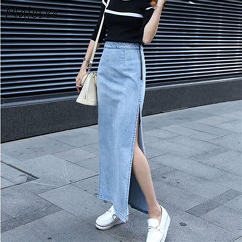 Korean Style Elegant Denim High Waist Skirts Slit To The Thigh Skirt Women Zipper Solid Color