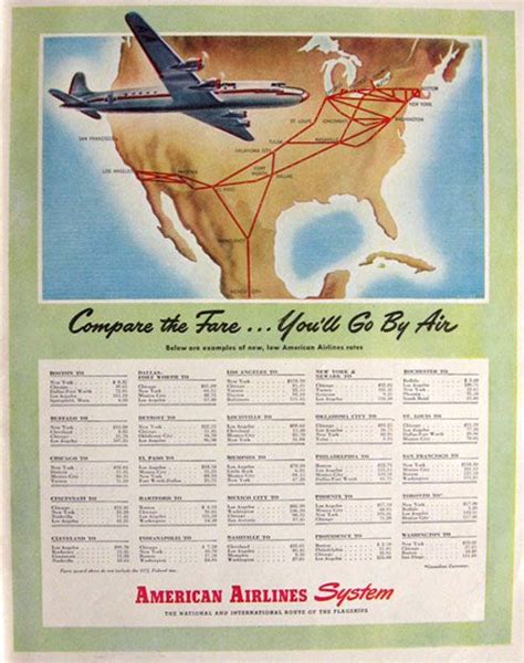 1946 American Airlines Ad Airfare Chart And Rates Vintage Plane Train