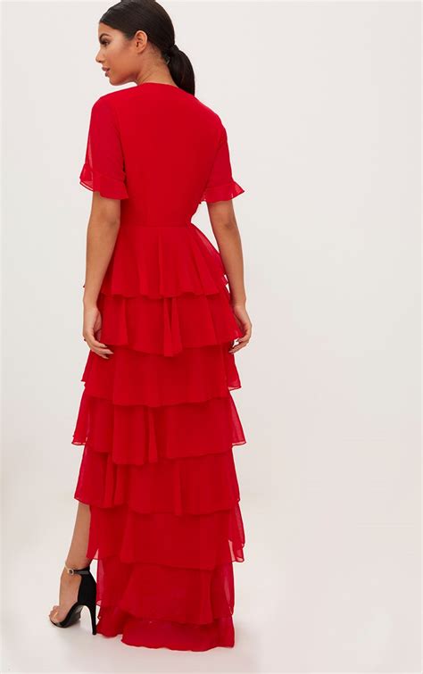 Red Chiffon Ruffle Layer Maxi Dress Dresses Prettylittlething Uae