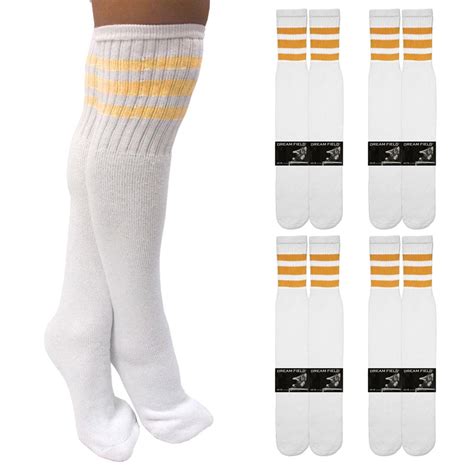 Dreamfield 4 Pair Casual Knee High White Tube Socks Yellow Stripe