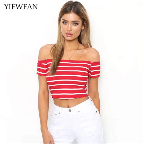 Yifwfan New 2018 Summer Sexy Striped Off Shoulder Crop Top Pink Red Knitted Short Sleeve Casual