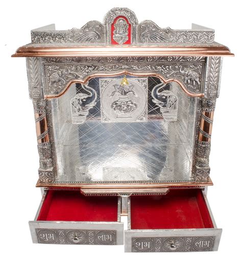 Puja Mandir Wooden Oxidized Hindu Temple 22 Silver Mandir 39048