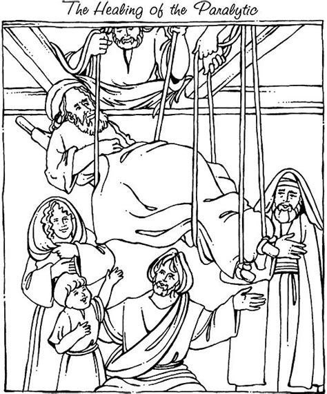 Jesus Heals Paralytic Let Down Through Roof Bible Coloring Pages