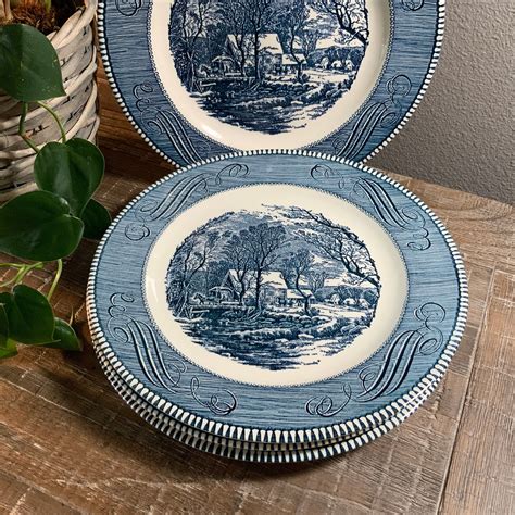 Four 4 Royal Usa Currier And Ives 10 Blue Transferware Ironstone