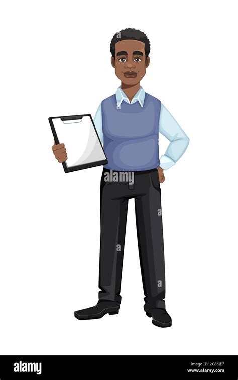 African American Business Man Holding Clipboard Cheerful Handsome Businessman Cartoon Character