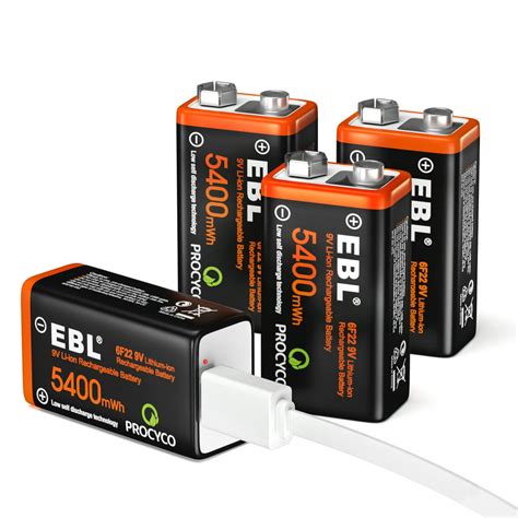 Ebl 4 Pack Usb Rechargeable 9v Lithium Batteries 5400mwh Long Lasting