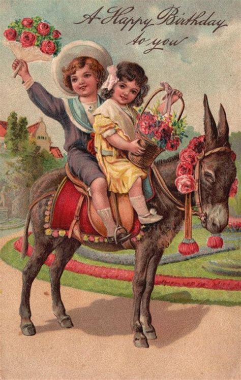 Vintage Postcard A Happy Birthday To You Two Girls Mule Ride Greetings Other Unsorted