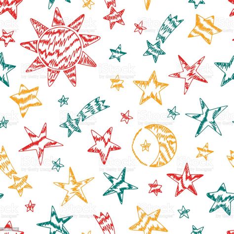 Hand Drawn Doodle Stars Comets Seamless Pattern Starry Sky Background