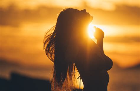 Wallpaper Model Closed Eyes Profile Long Hair Bikini Top Lens Flare Sunset Silhouette