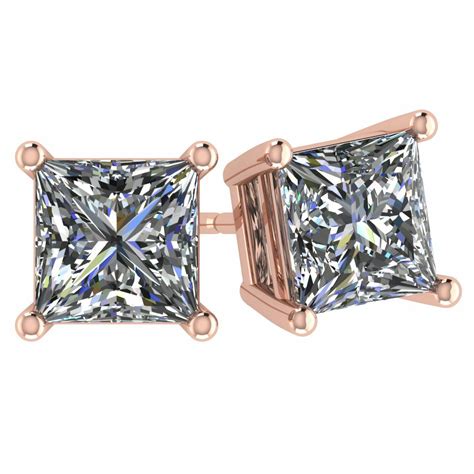 CVD Princess Diamond Stud Earrings Lab Grown Diamonds 14K Threaded Rose