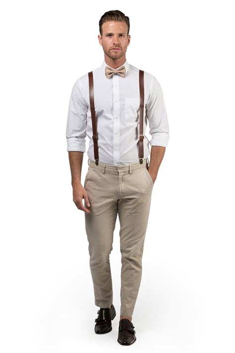 Brown Leather Suspenders And Beige Bow Tie Leather Suspenders Beige