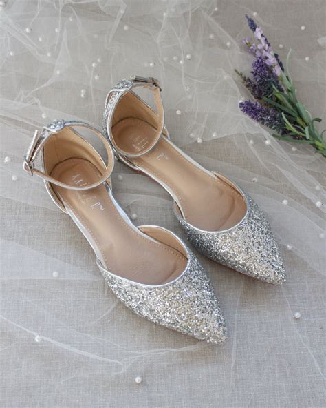 Silver Rock Glitter Ankle Strap Flats In 2021 Silver Wedding Shoes