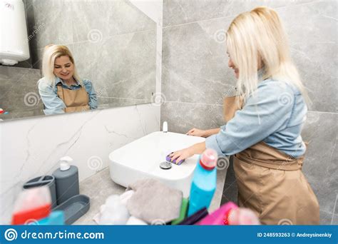 Woman Cleaning The Bathroom In Her House Stock Image Image Of Fluid
