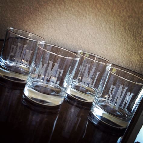 Hand Engraved Monogrammed Whiskey Rocks Glasses Set Of Four