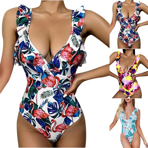 sexy one piece swimsuit fashion women swimwear v neck printing ruffle siamese swimsuit bikini