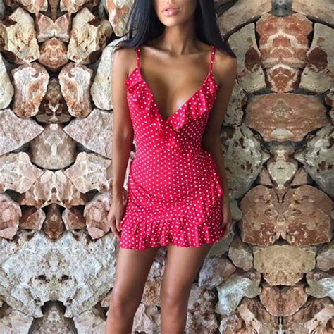 Polka Dot Dress Women Sexy Low Cut V Neck Summer Mini Dress Ruffles