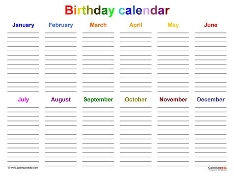 Birthday Calendar Template Free Printable Birthday Calendar Birthday