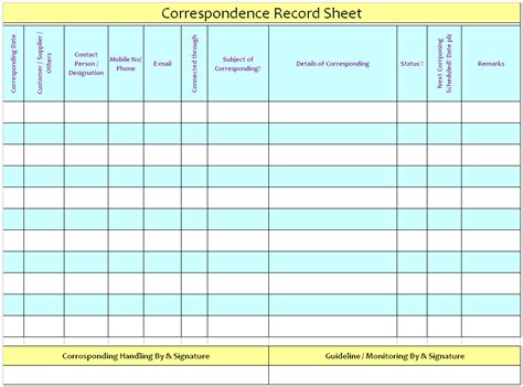 Correspondence Record Sheet Format Samples Word