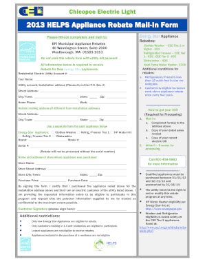A quick reference of all our rebate claim forms. Fillable Online Chicopee Electric Light 2013 HELPS ...