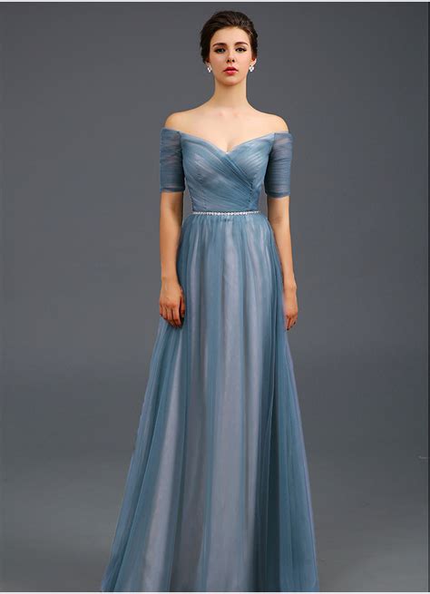 Many brides who choose to wear sleeves or long gloves with their dress prefer this style as it allows you to display your shoulders and neck, but. Light Blue Off the shoulder Evening Dress,A Line Formal ...
