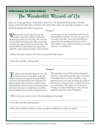 inference  literature  wizard  oz middle school worksheets