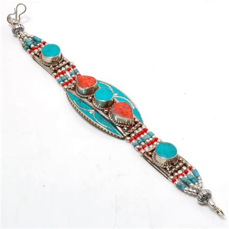 Tibetan Turquoise Red Coral Gemstone Silver Plated Nepali Bracelet