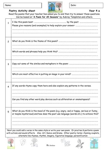 Poetry Comprehension Worksheets 5th Grade