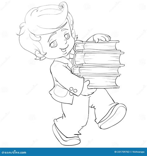 Sketch Cute Boy Carries A Large Stack Of Books In His Hands Coloring