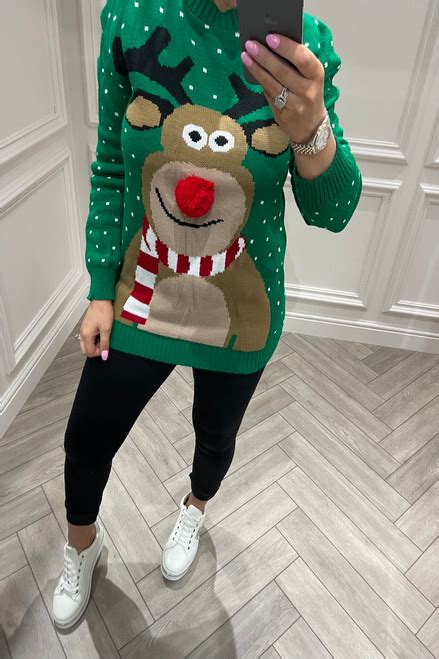 Green Reindeer Pom Pom Nose Christmas Jumper Want That Trend
