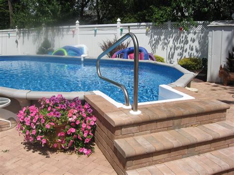 Semi Inground Pool With Inground Steps Pool Landscaping Backyard