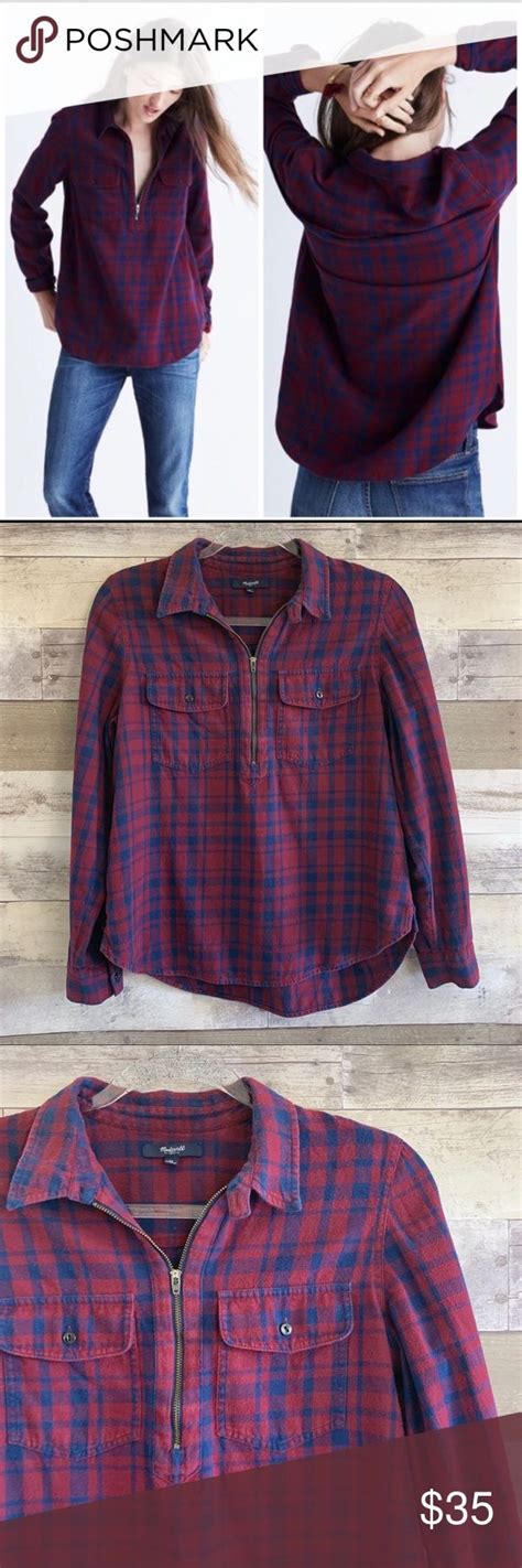 Madewell Flannel Zip Front Popover Plaid Shirt Length 25 Underarm 19
