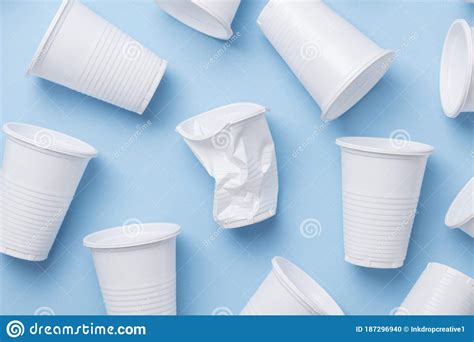 Single Use White Plastic Cups On A Blue Background Stock Photo Image Of Bottle Garbage