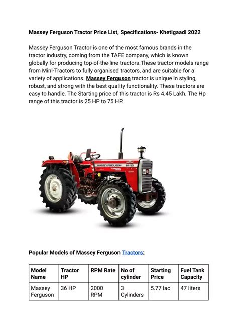 Ppt Massey Ferguson Tractor Price List Specifications Khetigaadi