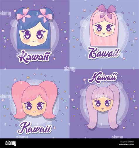 Icon Set Of Kawaii Anime Girls Over Colorful Squares Vector
