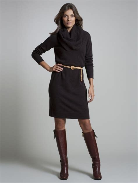 Belted Cowl Neck Sweater Dress And Boots Black Sweater Dress Clothes