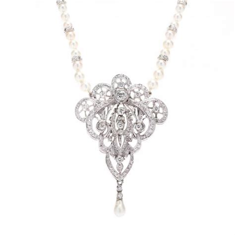 Edwardian Style Platinum Diamond Pendant And Pearl And Diamond Necklace