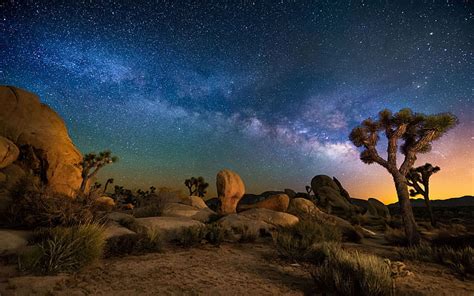 Hd Wallpaper Starry Sky Desert Area Night In Joshua Tree National Park