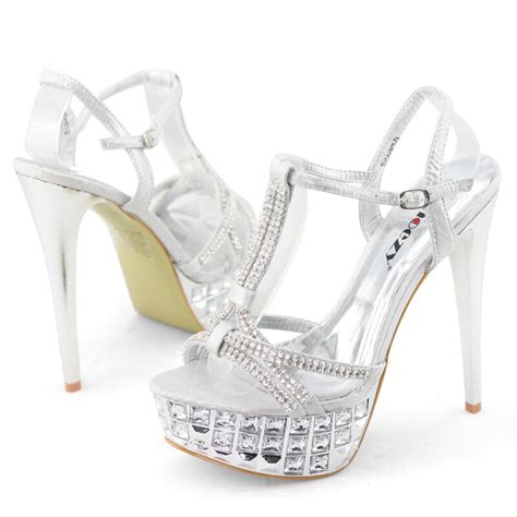Shoezy Womens T Bar Strap Silver Wedding Shoes Sexy Glitter Very High Platform Heels Rhinestone